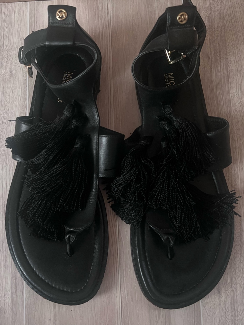 MICHAEL Michael Kors Black Leather Tassel Thong Sandals